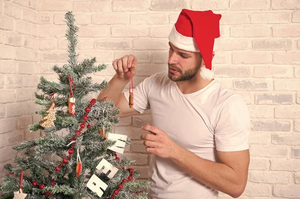 Man santa decorate Christmas tree with gingerbread star cookie — Stock Photo, Image