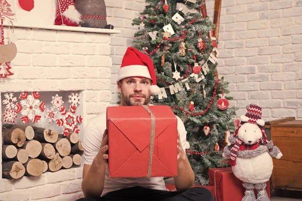 Macho tenir boîte cadeau avec ours jouet à l'arbre de Noël — Photo