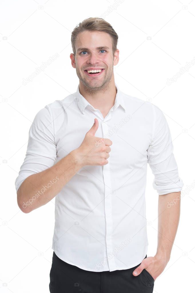 Guy shows thumbs up gesture. Excellent quality. Man confidently highly recommend white background. Guy with bristle recommend excellent item. Man shop consultant looks confident and hospitable.