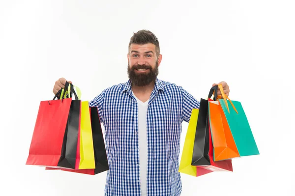 Shopping sale. Male barber care. Bearded man with shopping bags.. Black Friday. Cyber Monday. Mature happy hipster with beard. brutal caucasian hipster with moustache. Thanks for your purchase — Stock Photo, Image