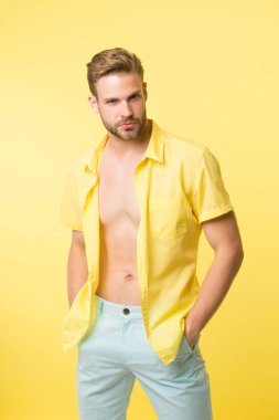 Seksi gövde görmek ister misin? Burası çok sıcak. Sana seksi vücudumu göstereceğim. Yakışıklı, sakallı, sarı arka plan elbiseli adam. Kendine güvenen çekici maço gömleğinin düğmelerini açarken kendini seksi hissediyor.