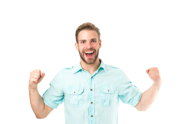 Alcançar o sucesso. Homem bonito barbudo cara sorrindo no fundo branco isolado. Guy sorriso alegre se sente feliz e satisfeito. Emoções positivas. Homem com sorriso sincero. Bom humor. Sorriso brilhante — Fotografia de Stock