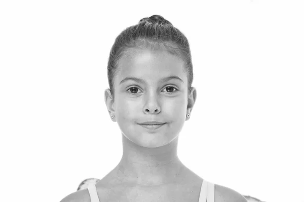 How to do ballet bun. Proper hairstyle for pupil ballerina. Make proper hairstyle visit ballet classes. Girl cute smiling face with neat and tidy bun hair. Perfect appearance excellent student — Stock Photo, Image