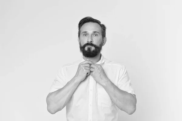 Stylish concept. Stylish man with beard button yellow shirt. Stylish and bearded. Casually stylish — Stock Photo, Image