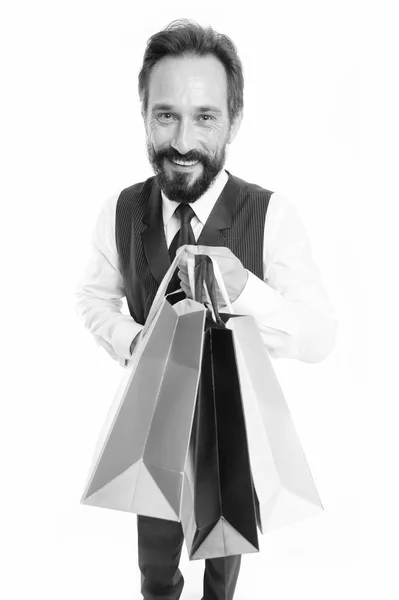 sale offer. happy businessman with good offer of sale. businessman offer shopping sale bags isolated on white. smiling businessman offer good sale