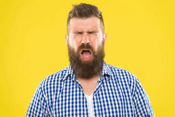 Man bearded hipster with sneezing face closed eyes close up yellow background. Brutal hipster sneezing. Allergy concept. Take allergy medications. Can not stop sneezing. I am going to sneeze — Stock Photo, Image