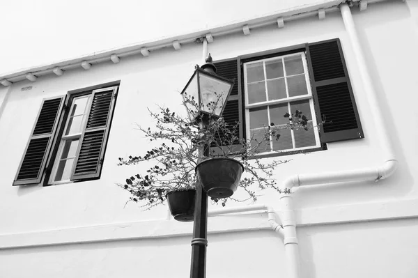 Sokak lambası ile saksı Hamilton, Bermuda ev cephesinde. Saksı çiçekleri stree lambalı aydınlatma sütun. Çiçek deco. Mimari ve sokak lamba tasarımı. Kentsel sokak — Stok fotoğraf