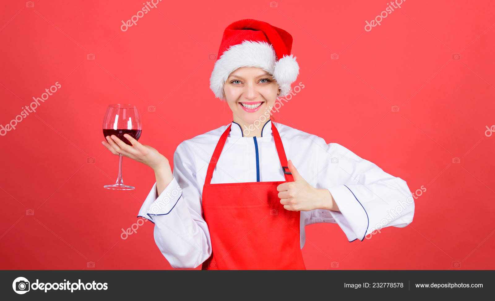 Chef De Mulher Cozinhando Usar Santa Chapéu Beber Vinho Chef De Mulher Cozinhando Usar Santa Chapéu Beber Vinho