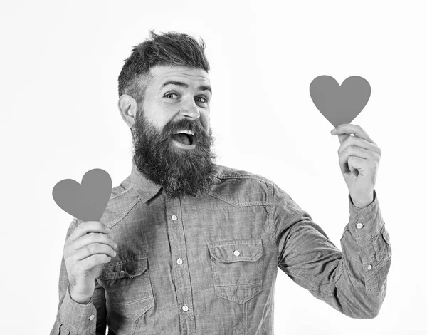 Valentin-nap koncepció. Férfi szakállal boldog arccal — Stock Fotó