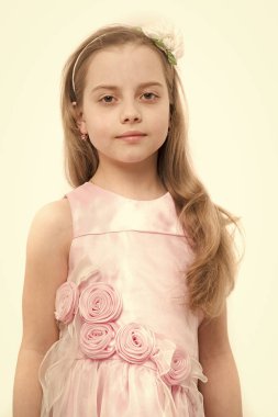 Kız ile çiçek Aksesuar uzun sarı saç. Çocuk beyaz izole pembe elbiseli. Moda, bak, güzellik ve stil. Çocukluk, bloom, gençlik. Masumiyet, saflık kavramı.