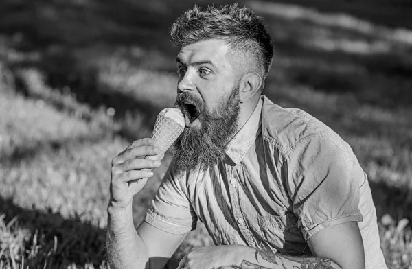Man with long beard enjoy ice cream, while sits on grass. Delicacy concept. Bearded man with ice cream cone. Man with beard and mustache on excited face eats ice cream, grass on background, defocused
