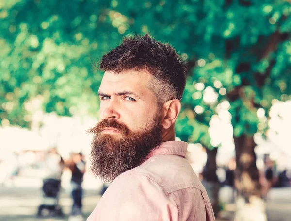 L'uomo con la barba e i baffi sul viso severo guarda indietro mentre cammina nel parco. Uomo barbuto con taglio di capelli fresco e baffi alla moda, sfondo urbano. Concetto di barbiere e acconciatura — Foto Stock