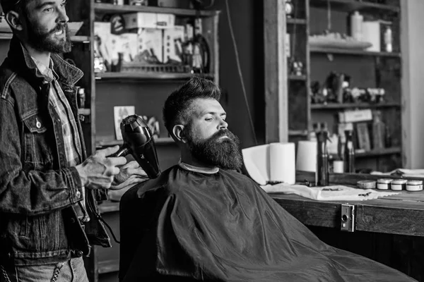 Hipster Brodaty klient dostał fryzurę. Fryzjer z suszarką do włosów, wieje od włosów z cape. Koncepcja fryzjera. Fryzjer z suszarką do włosów, działa na fryzurę dla brodacza, podłoże dla zakładów fryzjerskich — Zdjęcie stockowe