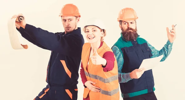 Builder, architect, repairman searching handyman. Men and woman in helmets