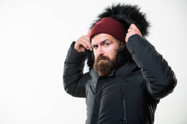 Hood sıcaklık ve hava direnci ekler. Nasıl en iyi kış ceket tercih. Adam stand sıcak ceket parka beyaz arka plan üzerinde izole sakallı. Kış sezonu erkek giyim. Hava geçirmez ceket kavramı