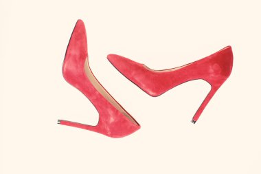 Lüks ayakkabı kavramı. Ayakkabı ile ince yüksek topuklu stiletto ayakkabı, üstten görünüm. İzole beyaz zemin üzerine kırmızı süet yapılmış ayakkabılar. Moda yüksek topuklu pompa Ayakkabı