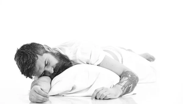 Hipster with beard fall asleep, sleeps well. — Stock Photo, Image