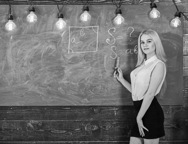 Woman with nice buttocks teaching mathematics. Sexy teacher concept. Lady sexy teacher in short skirt explaining formula. Teacher of mathematics writing on chalkboard — Stock Photo, Image