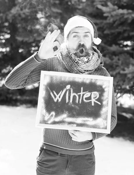 Homem alegre em chapéu de santa claus, hipster barbudo com barba e bigode coberto com geada branca, dá gesto ok com palavra de inverno na placa preta ou quadro no dia ensolarado no backgroun natural — Fotografia de Stock