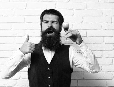 Uzun sakallı ve bıyıklı yakışıklı bir adam komik suratında şık saçlar beyaz tuğla duvar arka planında klasik süet deri yelek giymiş alkolik bardakları tutan komik bir suratı var.