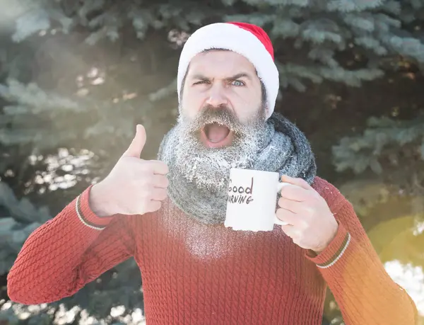Vrolijke man in Kerstman hoed, bebaarde hipster met baard en snor bedekt met white frost, geeft duimen omhoog handgebaar met Goedemorgen tekst op cup op zonnige winterdag op natuurlijke pagina — Stockfoto
