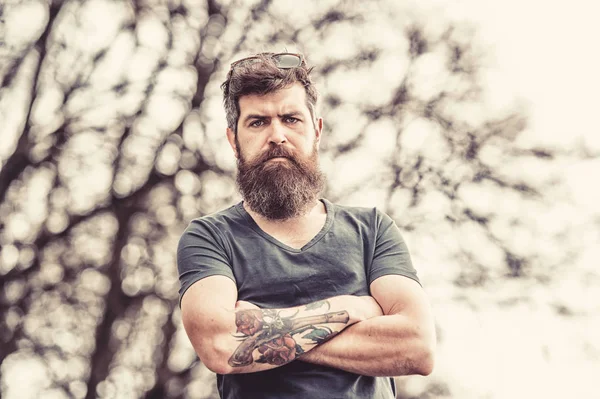 Gözlüklü adam uzun sakal ve bıyık giyer kafa, ufuk arka plan üzerinde. Berber kavramı. İle sıkı yüzündeki gri sakallı hippi. Adam şık sakal ve saç kesimi ile iyi görünüyor