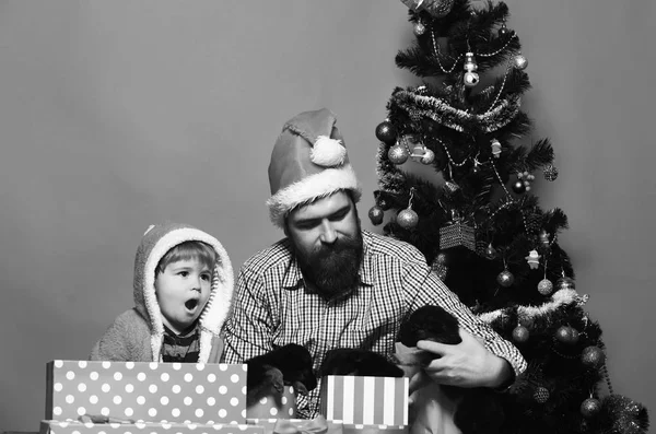 Apa szakállal és gyerekkel kutyákat tart a karácsonyfa közelében. — Stock Fotó