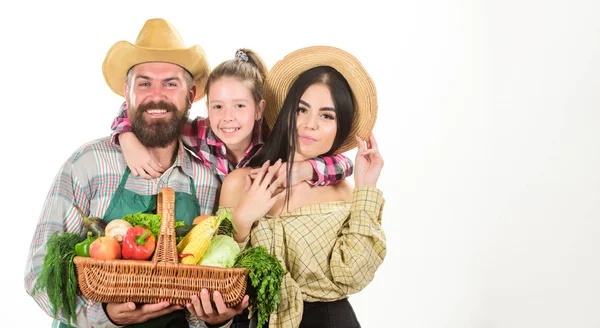 Os pais e a filha celebram a colheita. Conceito de festival de colheita. Agricultores familiares jardineiros legumes colheita isolado fundo branco. Agricultores familiares rústicos orgulhosos da colheita de outono. Crescido com amor — Fotografia de Stock