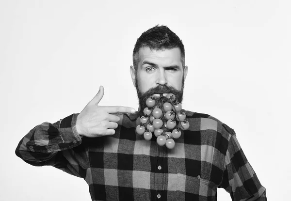 Mann hält Tomatenbeeren als Bart isoliert auf weißem Hintergrund. — Stockfoto