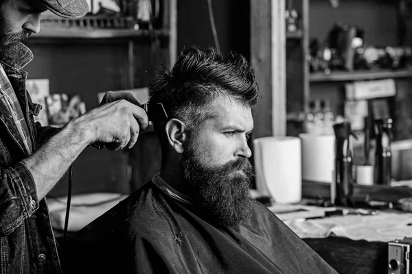 Barber with hair clipper works on hairstyle for man with beard, barbershop background. Barber styling hair of bearded client with comb and clipper. Haircut concept. Hipster client getting haircut
