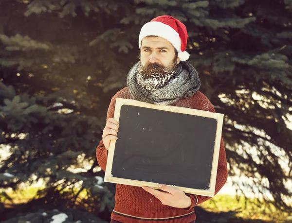 Knappe man in Kerstman hoed, bebaarde hipster met baard en snor bedekt met white frost, houdt lege zwarte board of schoolbord op winterdag buitenshuis op natuurlijke achtergrond, kopie vriendelij — Stockfoto