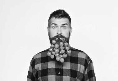 Çiftçi sürpriz yüzü olan kiraz domates ağzına tutar..