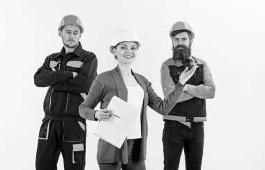 Kadın patron kavramı. Mimarlar, inşaatçılar kadınla takım