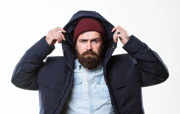Stylish and comfortable. Man bearded hipster posing confidently in warm  black jacket or parka. Hipster modern fashion. Guy wear hat and black  winter jacket. Hipster style menswear. Hipster outfit Stock Photo by ©