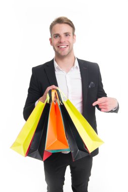 Teslimat satın. İşadamı kullanımı alışveriş uygulaması. Adam alışveriş çantası beyaz arka plan taşır. Alışveriş online başarılı bir iş adamı. Meşgul insanlar online hizmet için teşekkür ederiz. Online alışveriş