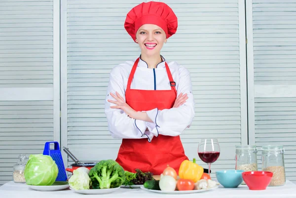 Welcome to my culinary show. Woman pretty chef wear hat and apron. Uniform for professional chef. Lady adorable chef teach culinary arts. Best culinary recipes to try at home. Improve culinary skill.