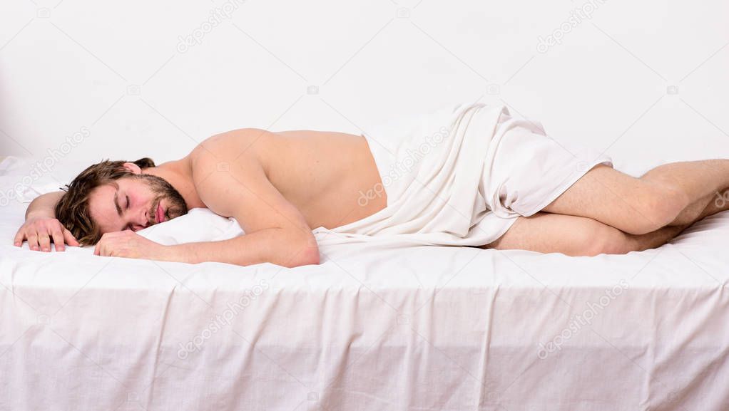 Man unshaven bearded face sleep bed. Time for nap. Sleep and relax concept. Feel comfortable and relax. Man handsome guy sleep. Sleep is vital to your physical and mental health. Healthy sleep habit