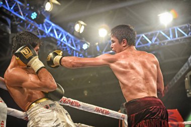 Kiev, Ukrayna - 16 Eylül 2017: Sparta boks Haritayı dahil altı sıralaması mücadele. Milli Güvenlik'Olimpiyskiy, Kiev, Ukrayna sıralaması için kavga sırasında halka tanımlanamayan bir boksörler