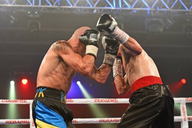 Kiev, Ukrayna - 16 Eylül 2017: Sparta boks Haritayı dahil altı sıralaması mücadele. Milli Güvenlik'Olimpiyskiy, Kiev, Ukrayna sıralaması için kavga sırasında halka boksörler Ismael Garcia ve Denys Berinchyk