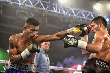 Kiev, Ukrayna - 16 Eylül 2017: Sparta boks Haritayı dahil altı sıralaması mücadele. Milli Güvenlik'Olimpiyskiy, Kiev, Ukrayna sıralaması için kavga sırasında halka tanımlanamayan bir boksörler