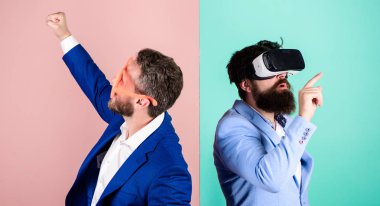 Business implement modern technology. Real fun and virtual alternative. Man with beard in VR glasses and louvered plastic accessory. Guy interact in virtual reality. Hipster exploring virtual reality clipart