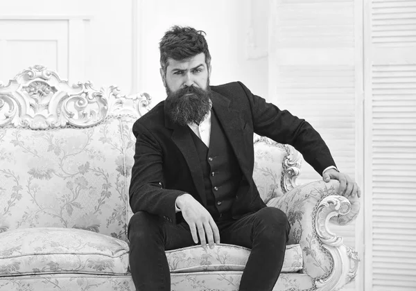 Концепція маскулінності. Чоловік з бородою і вусами носить класичний костюм, стильний модний наряд. Мачо привабливе та елегантне на серйозному, вдумливому обличчі, що сидить на старомодному розкішному дивані — стокове фото