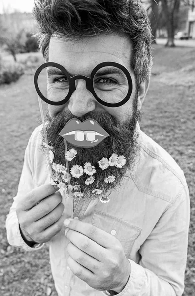 Man med långt skägg och mustasch, oskarp grön bakgrund. Hipster på glada ansikte, poserar med glasögon och läppar. Nörd-konceptet. Killen ser fint med daisy eller kamomill blommor i skägg — Stockfoto