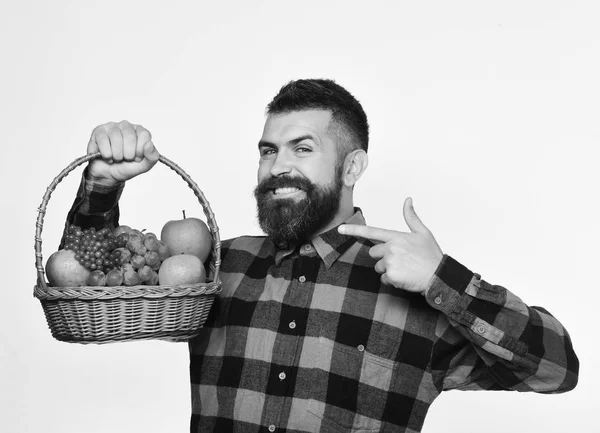 Mann mit Bart hält Korb mit Obst auf weißem Hintergrund — Stockfoto