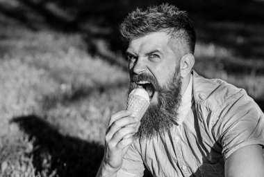 Dondurma külahı sakallı adam. Günaha kavramı. Uzun sakallı çimenlerin üzerinde oturur iken dondurma yiyor. Adam sakal ve bıyık kızgın yüzünde dondurma zevk, çimen defocused arka plan üzerinde