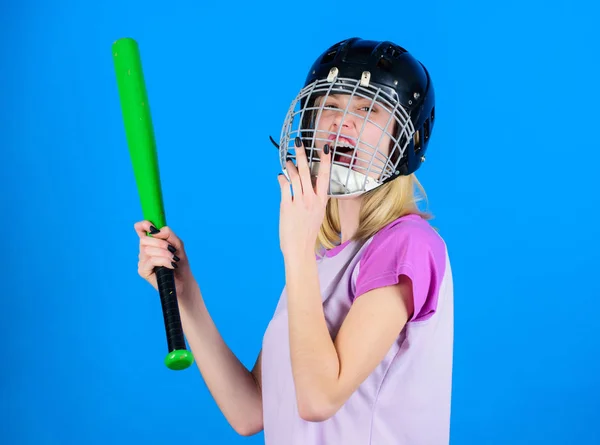 Break sport stereotype. Woman enjoy play baseball game. Girl confident pretty blonde wear baseball helmet and hold bat on blue background. Woman in baseball sport. Baseball female player concept