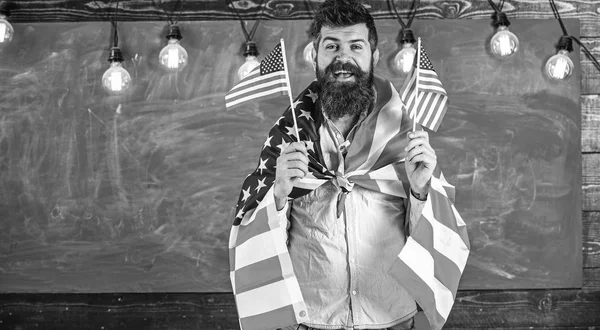 Conceito de educação patriótica. Homem com barba e bigode no rosto feliz segura bandeiras dos EUA, em sala de aula, quadro-negro no fundo. Professora americana acena com bandeiras americanas. Programa de intercâmbio de estudantes — Fotografia de Stock