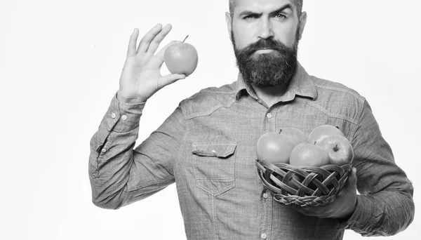 Hombre con barba sostiene cuenco de mimbre con frutas de manzana —  Fotos de Stock