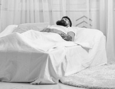 Adam arka plan üzerinde battaniye, beyaz perdeler ile kaplı yatağa atma. Sakin yüz beyaz çarşafımda yatıyor adam, yastık. NAP ve siesta kavramı. Maço sakal uyku ile rahatlatıcı, nap, sahip rest