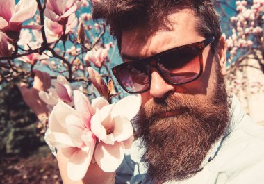 Adam ile şık güneş gözlüğü iyi görünüyor. Sakal ve bıyık giyer güneş gözlüğü güneşli, Manolya çiçek arka plan üzerinde olan adam. Hippi moda güneş gözlüklü. Vahşet ve hassasiyet concep